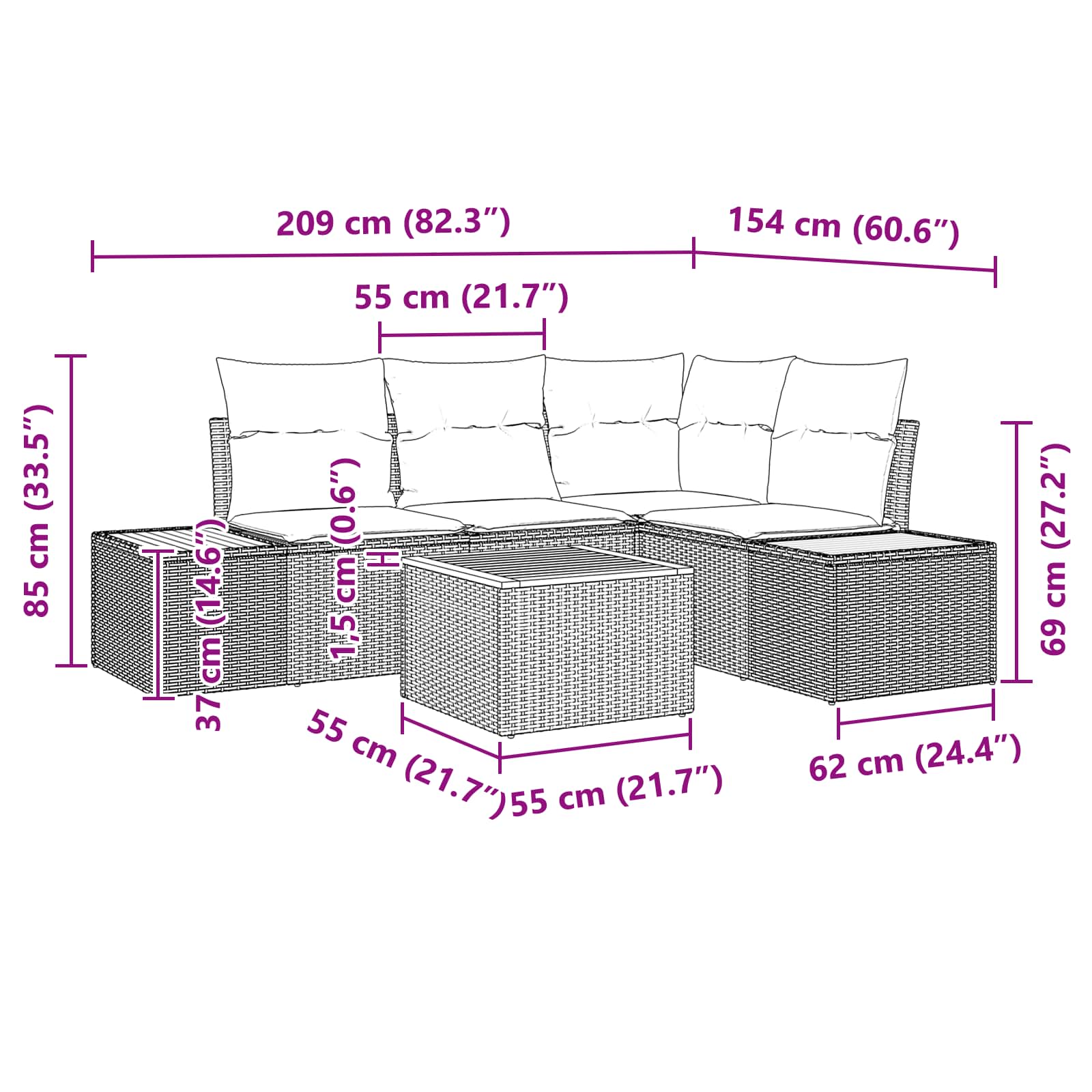 Gartensofa-set mit Kissen mit Speicher 4 pcs Schwarz Polyrattan