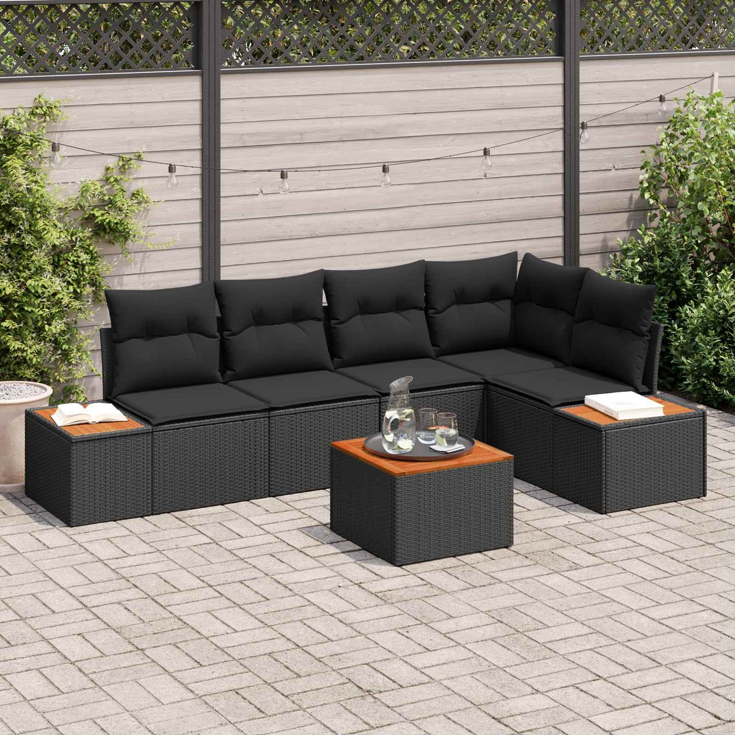 Garten-Sofa-Set mit Kissen 6 pcs Schwarz Poly Rattan