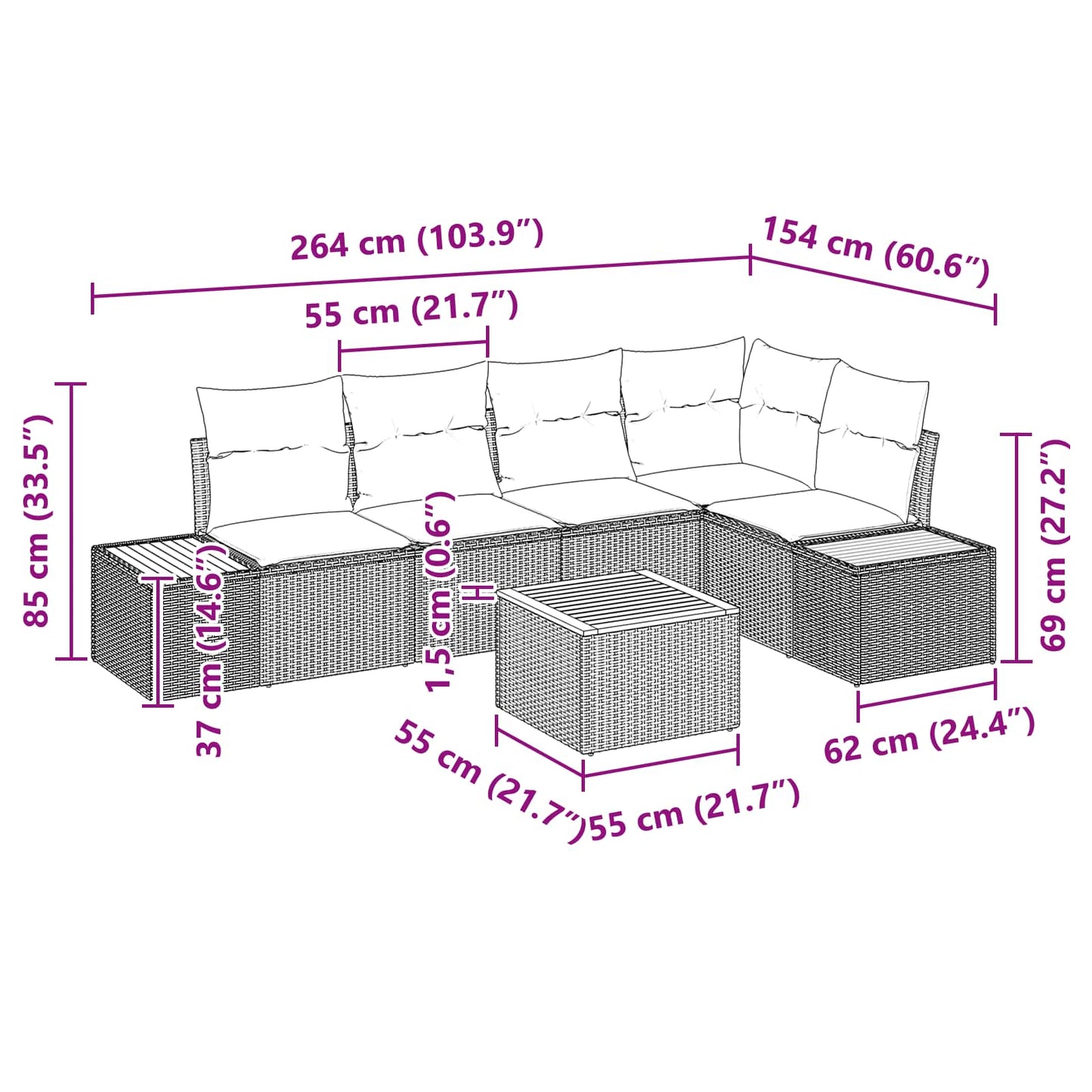 Garten-Sofa-Set mit Kissen 6 pcs Schwarz Poly Rattan