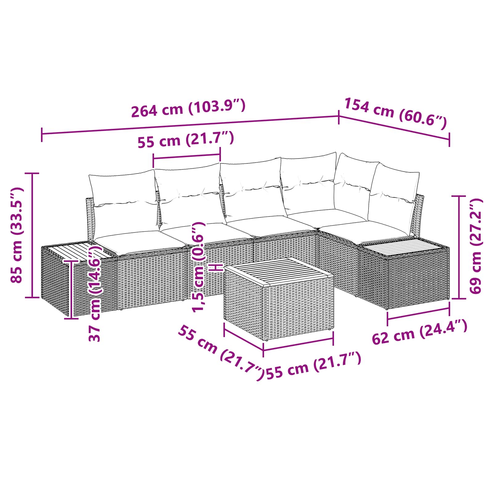 Garten-Sofa-Set mit Kissen 6 pcs Schwarz Poly Rattan