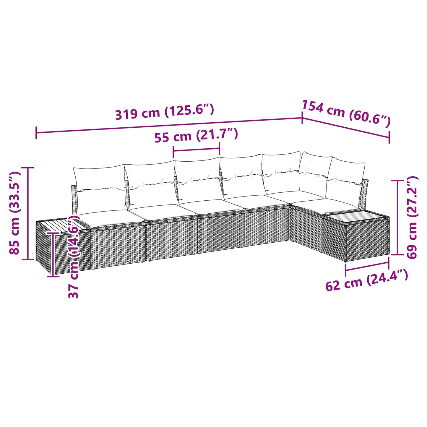 Gartensofa-set mit Kissen mit Speicher 6 pcs Schwarz Polyrattan