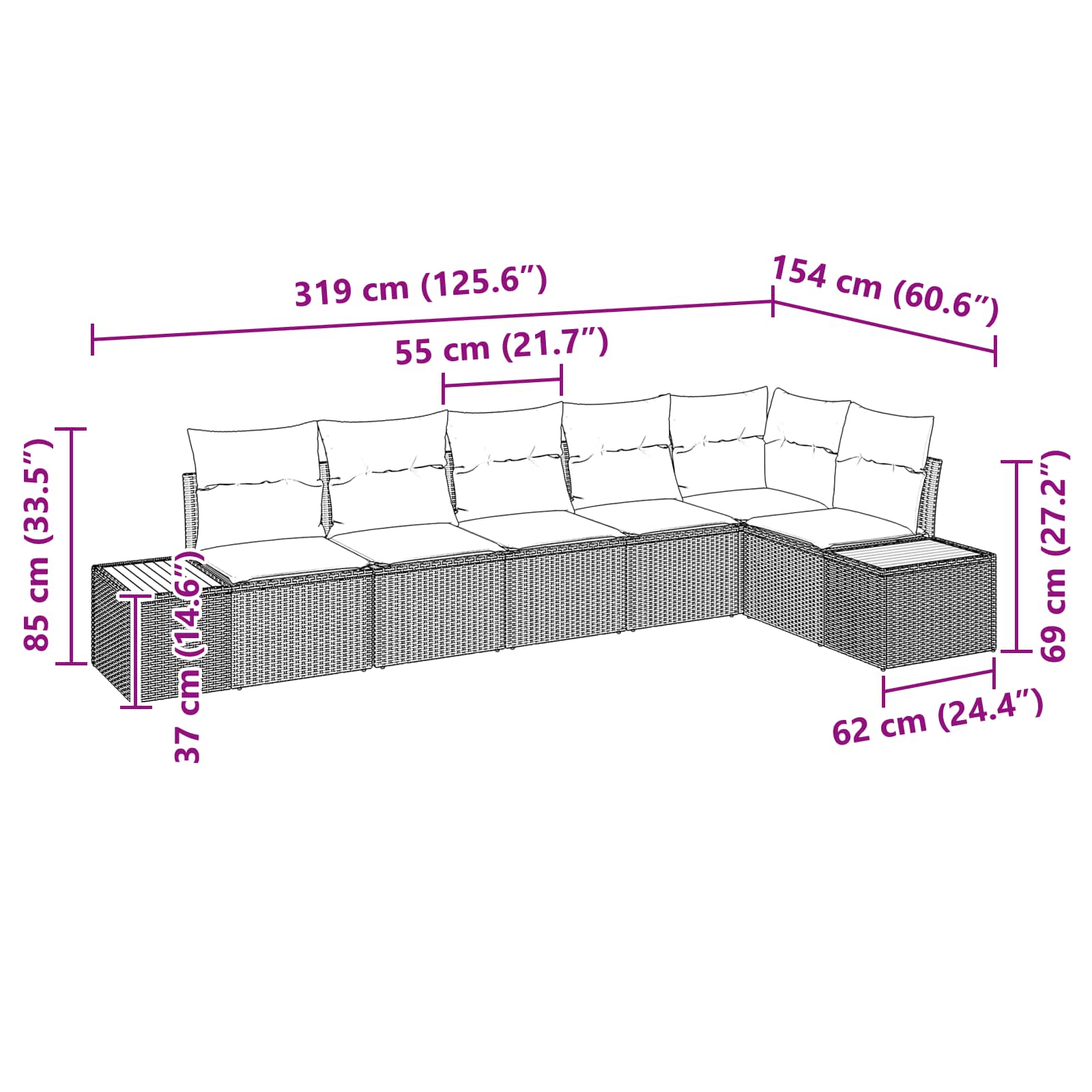 Gartensofa-set mit Kissen mit Speicher 6 pcs Schwarz Polyrattan