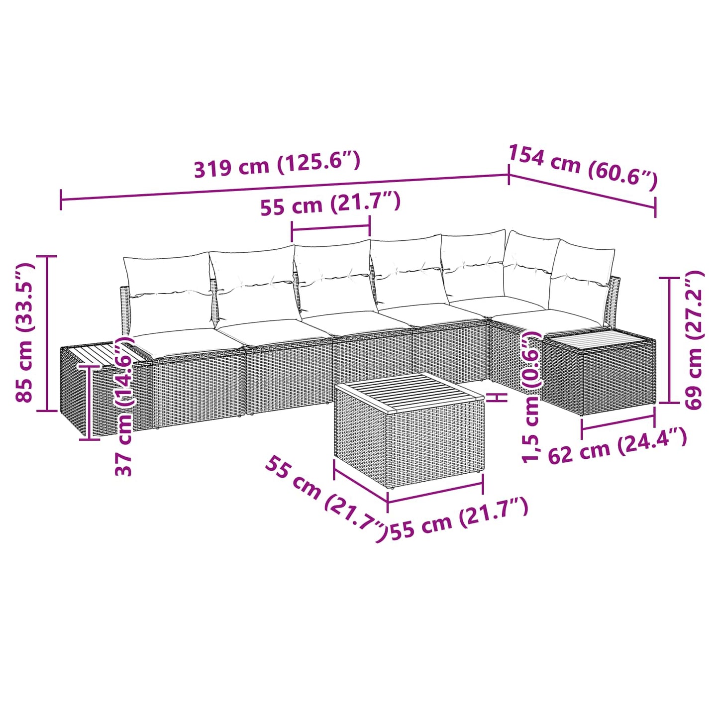 Gartensofa-set mit Kissen mit Speicher 6 pcs Schwarz Polyrattan