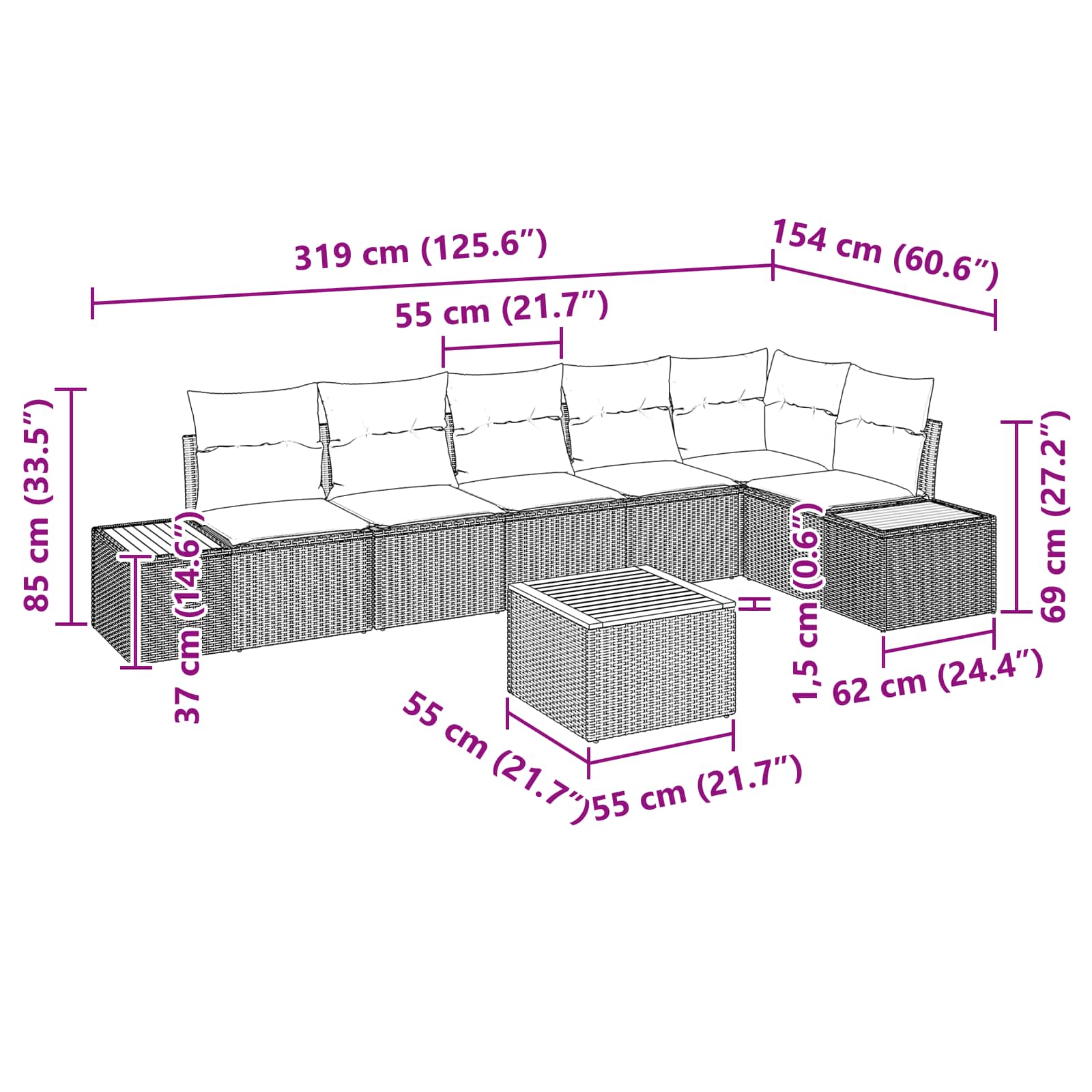 Gartensofa-set mit Kissen mit Speicher 6 pcs Schwarz Polyrattan