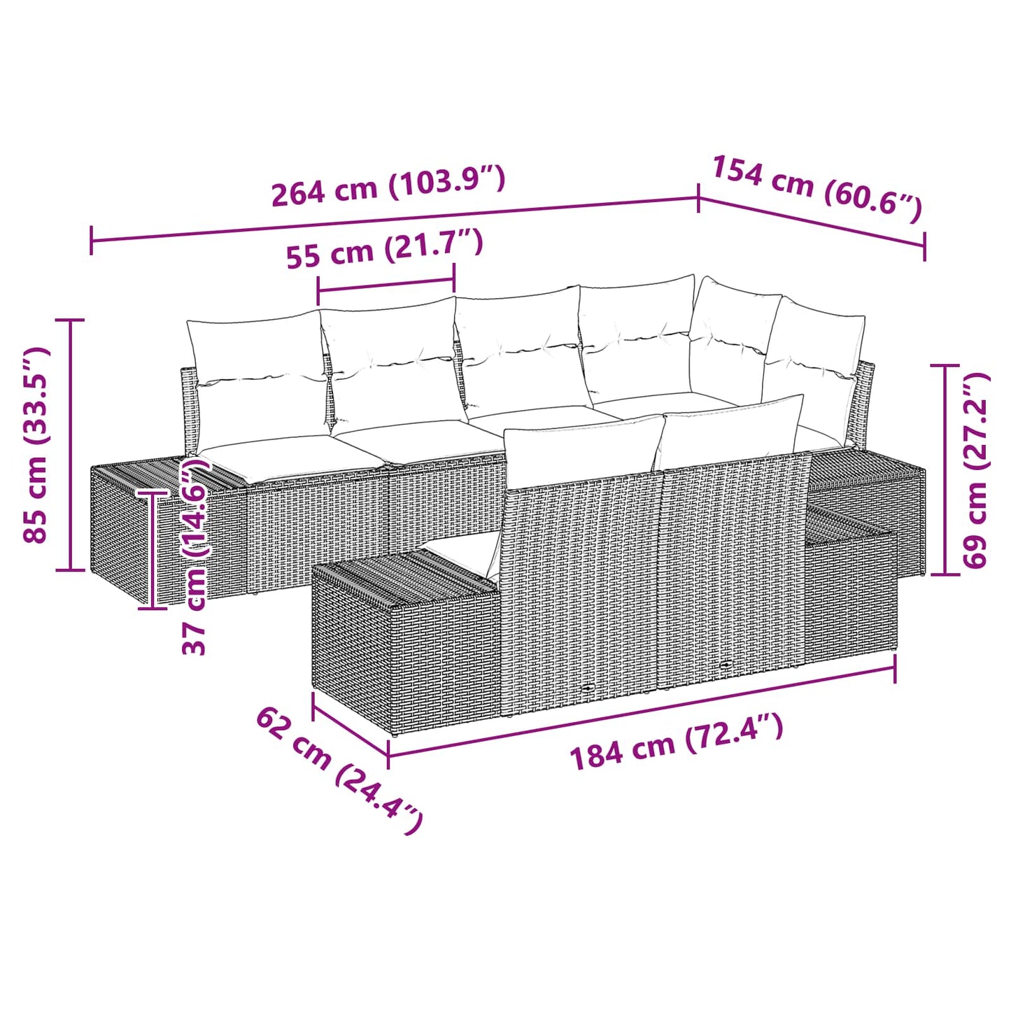 Gartensofa-set mit Kissen mit Speicher 7 pcs Schwarz Polyrattan