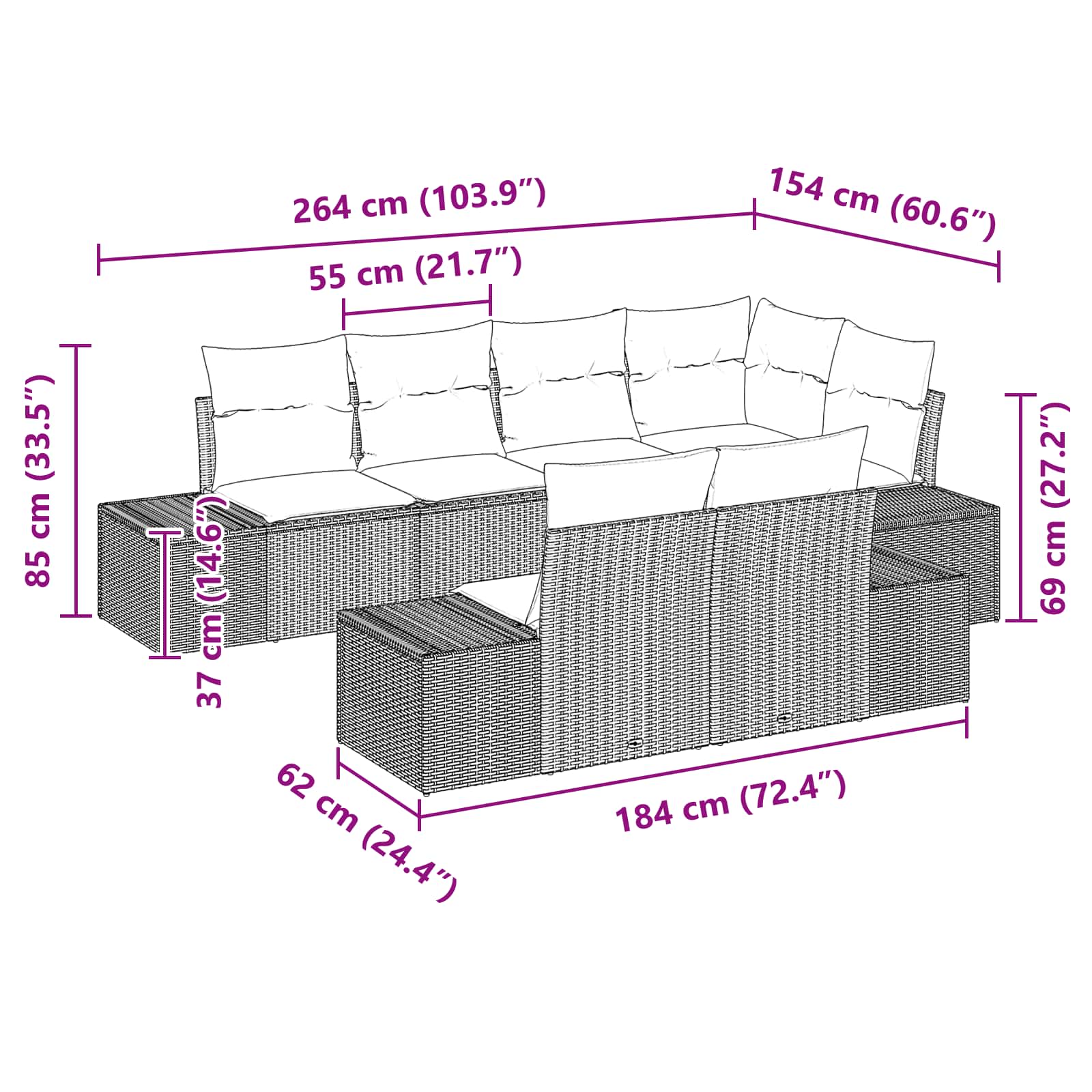 Gartensofa-set mit Kissen mit Speicher 7 pcs Schwarz Polyrattan