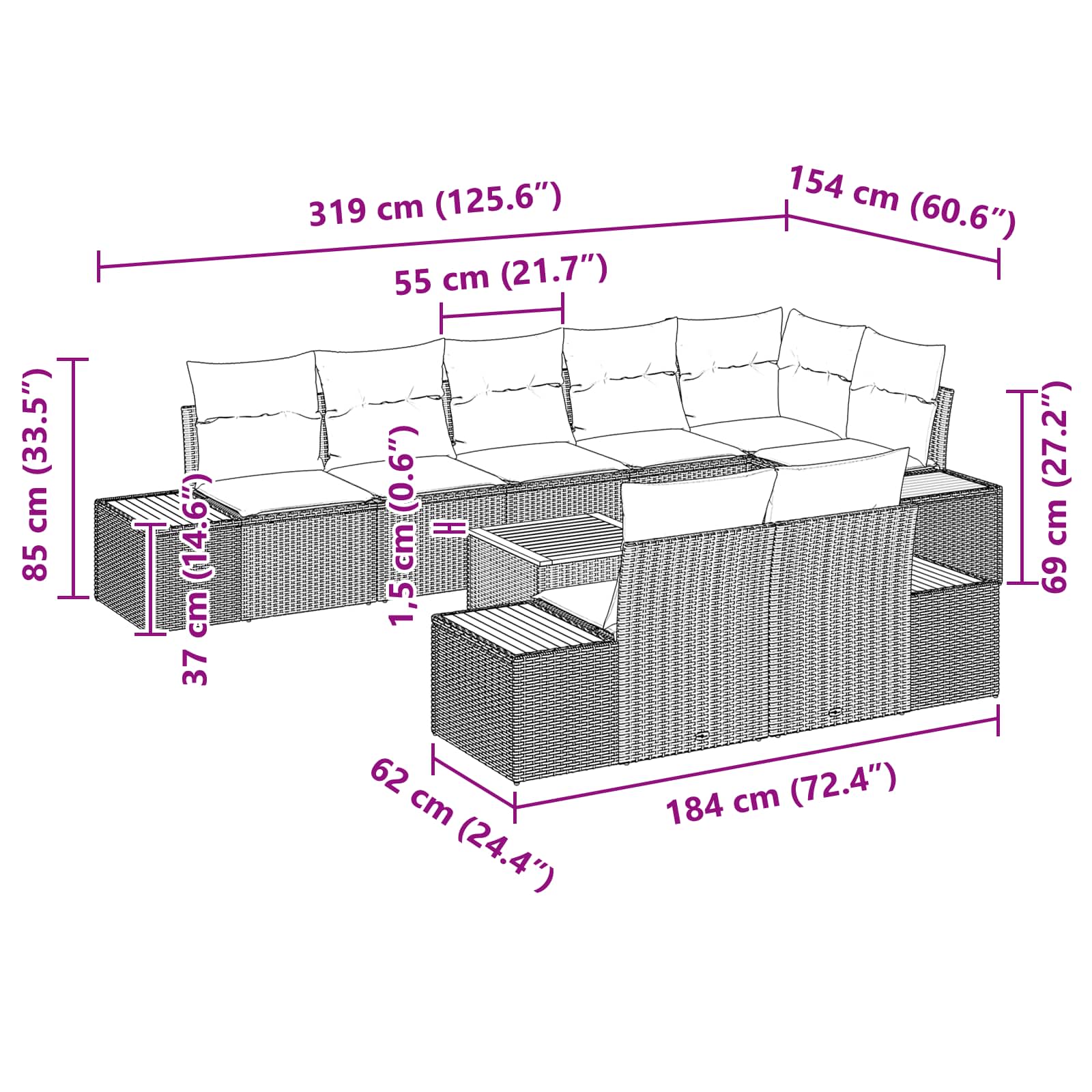 Gartensofa-set mit Kissen mit Speicher 8 pcs Schwarz Polyrattan