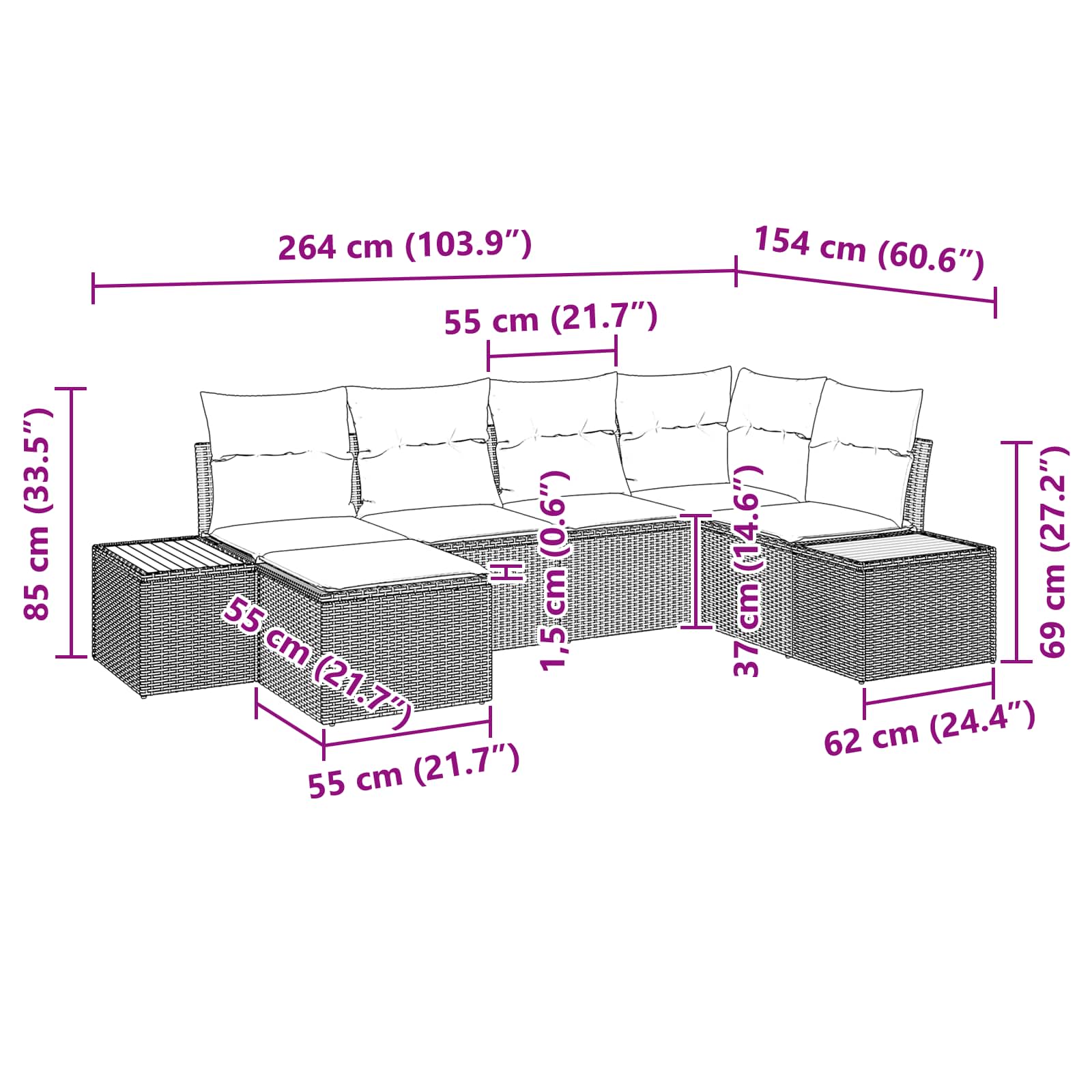 Gartensofa-set mit Kissen mit Speicher 7 pcs Schwarz Polyrattan
