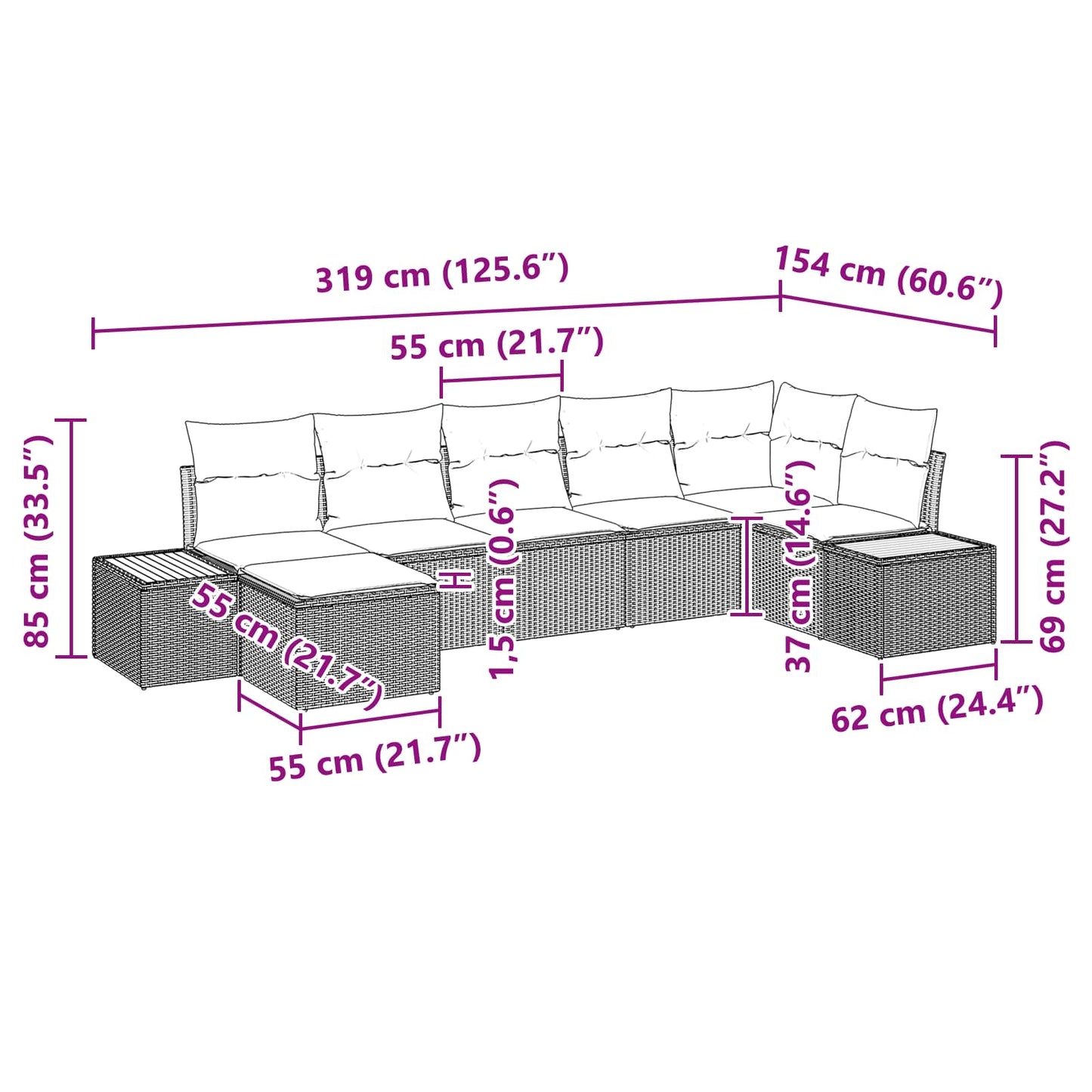 Gartensofa-set mit Kissen mit Speicher 8 pcs Schwarz Polyrattan