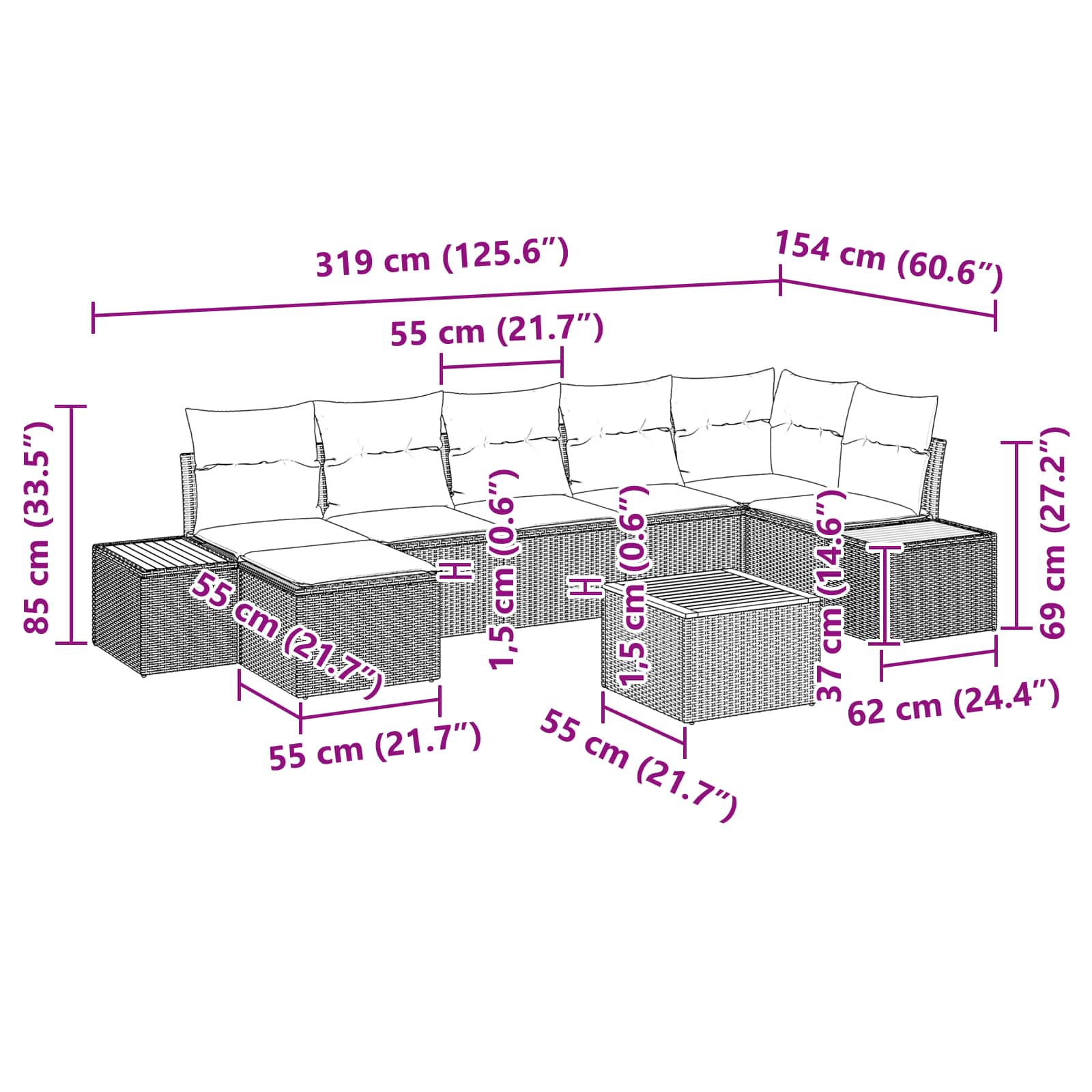 Gartensofa-set mit Kissen mit Speicher 8 pcs Schwarz Polyrattan