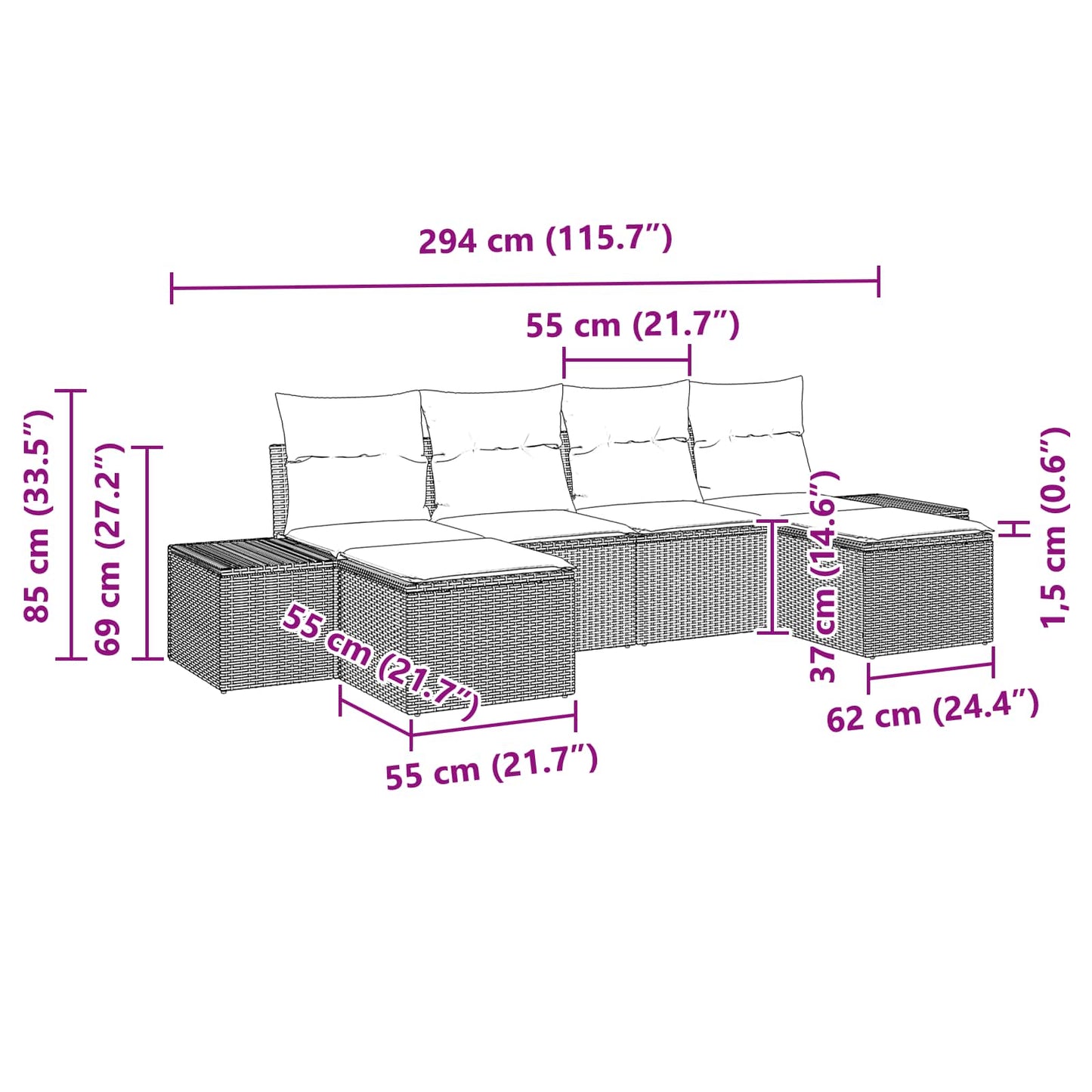 Gartensofa-set mit Kissen 6 pcs Schwarz Poly Rattan