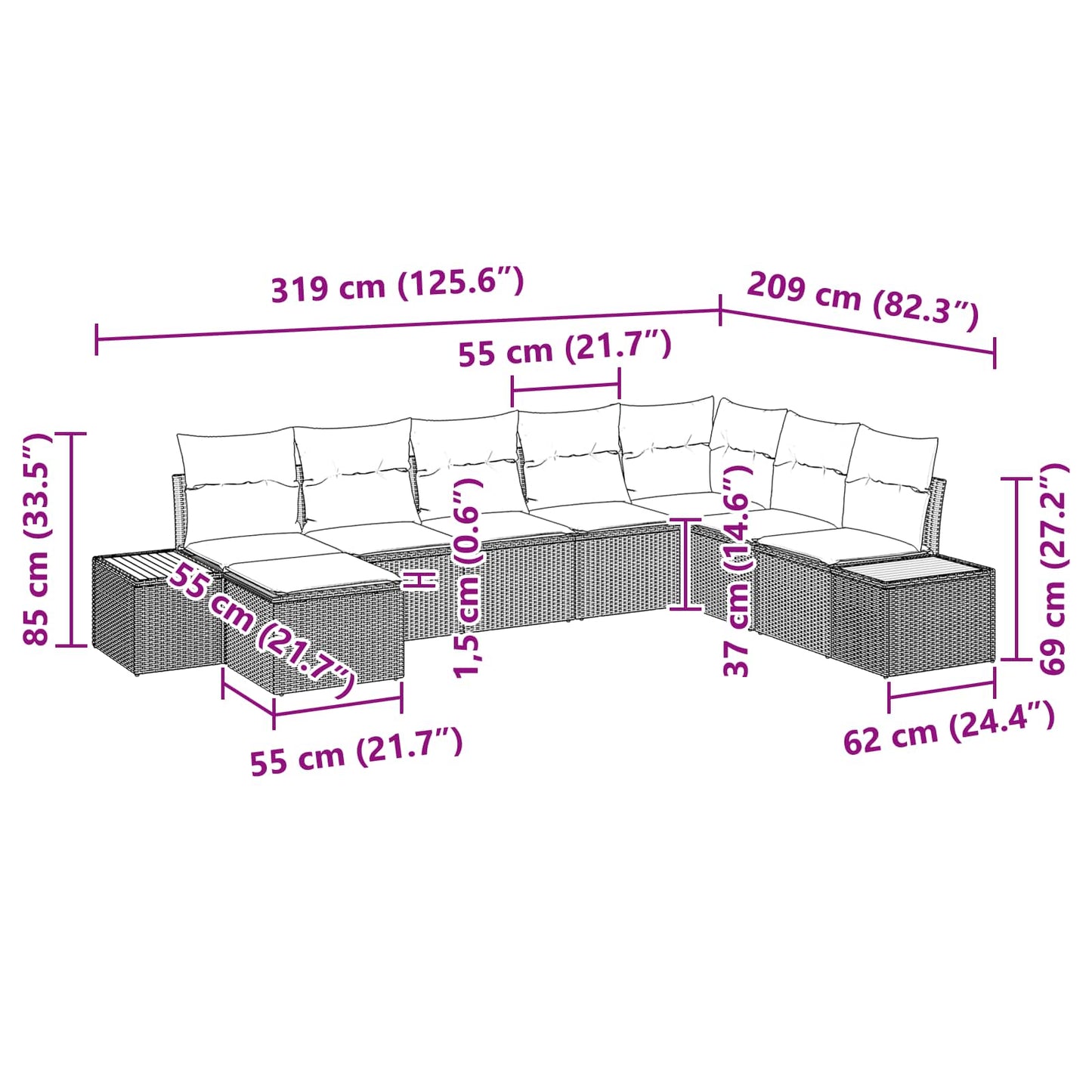 Gartensofa-set mit Kissen mit Speicher 9 pcs Schwarz Polyrattan