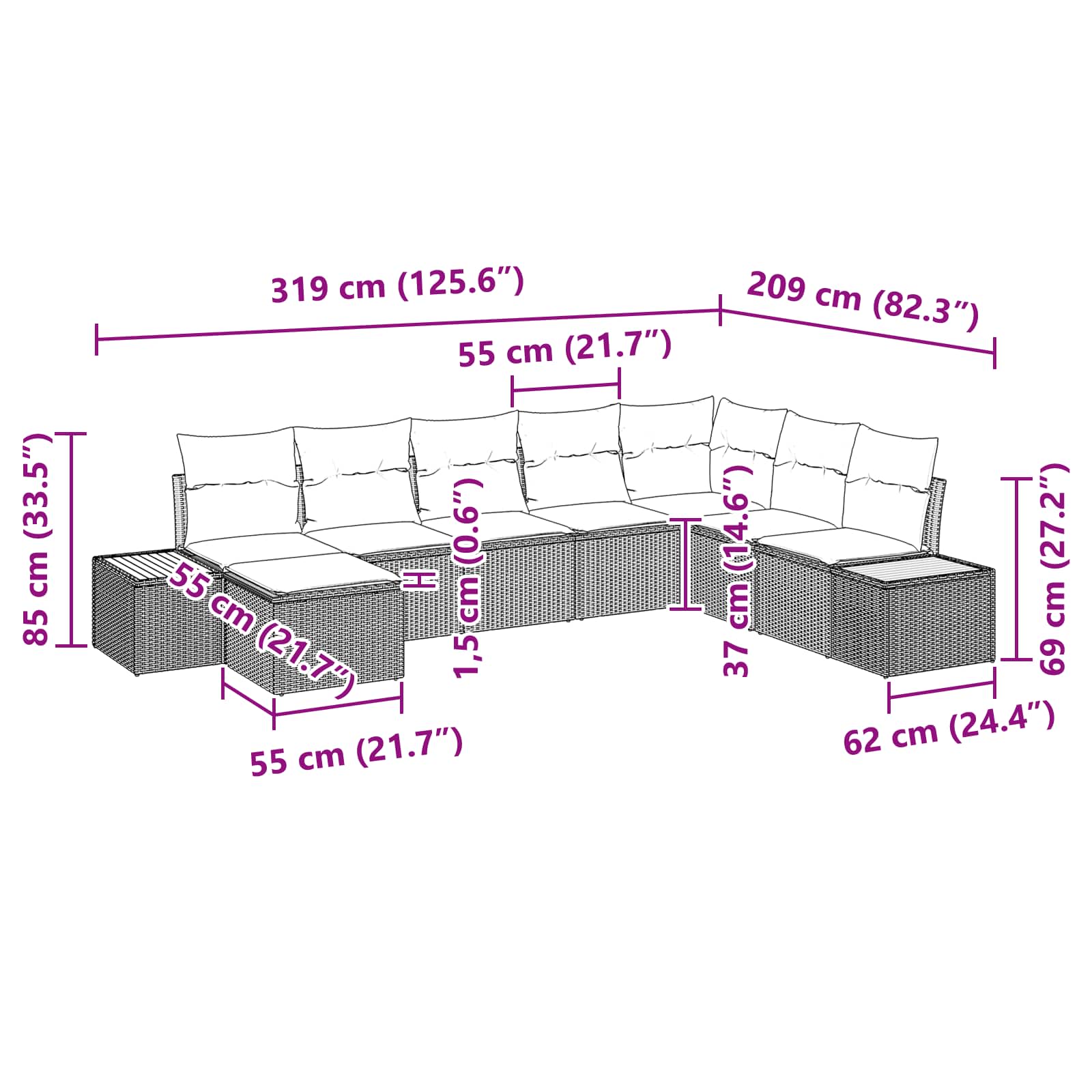 Gartensofa-set mit Kissen mit Speicher 9 pcs Schwarz Polyrattan