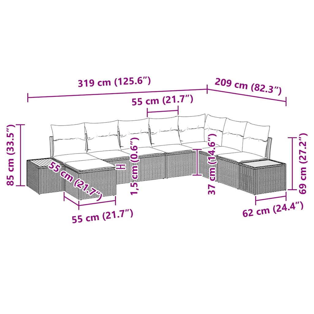Gartensofa-set mit Kissen mit Speicher 9 pcs Grau Polyrattan