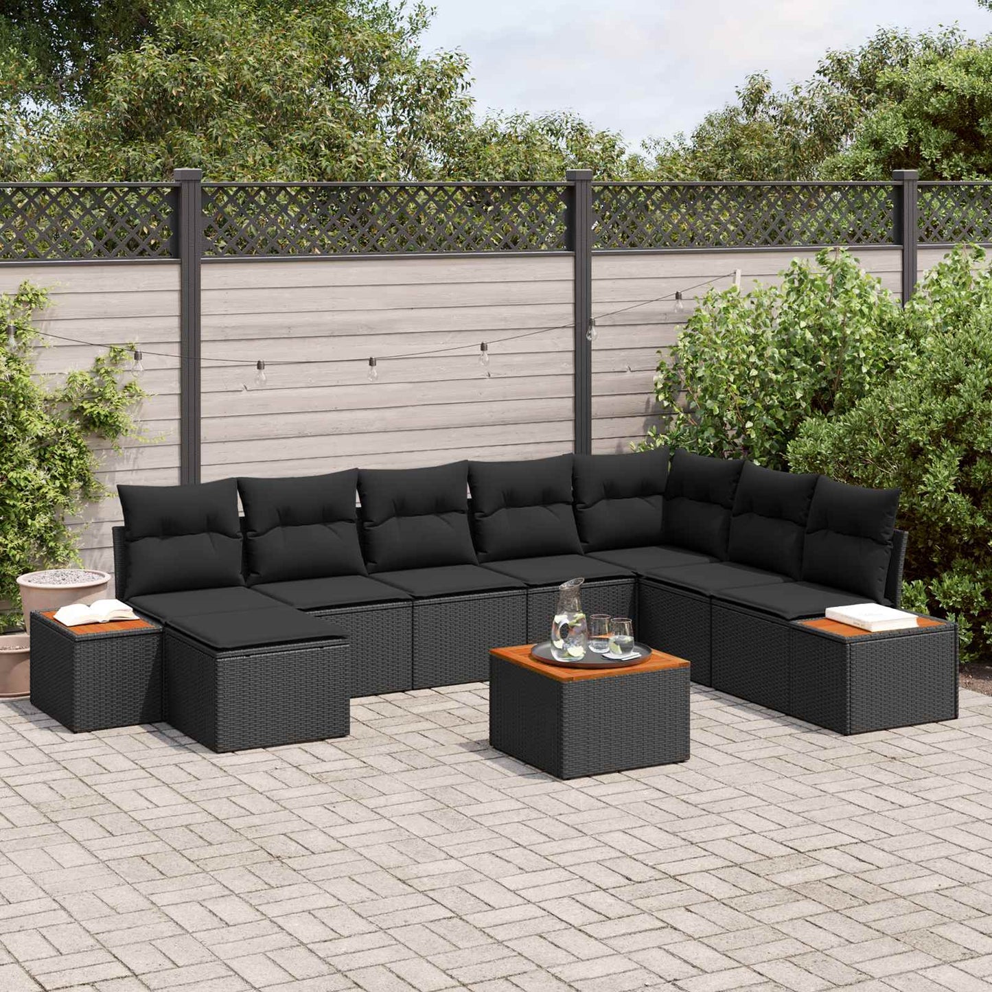 Gartensofa-set mit Kissen mit Speicher 9 pcs Schwarz Polyrattan
