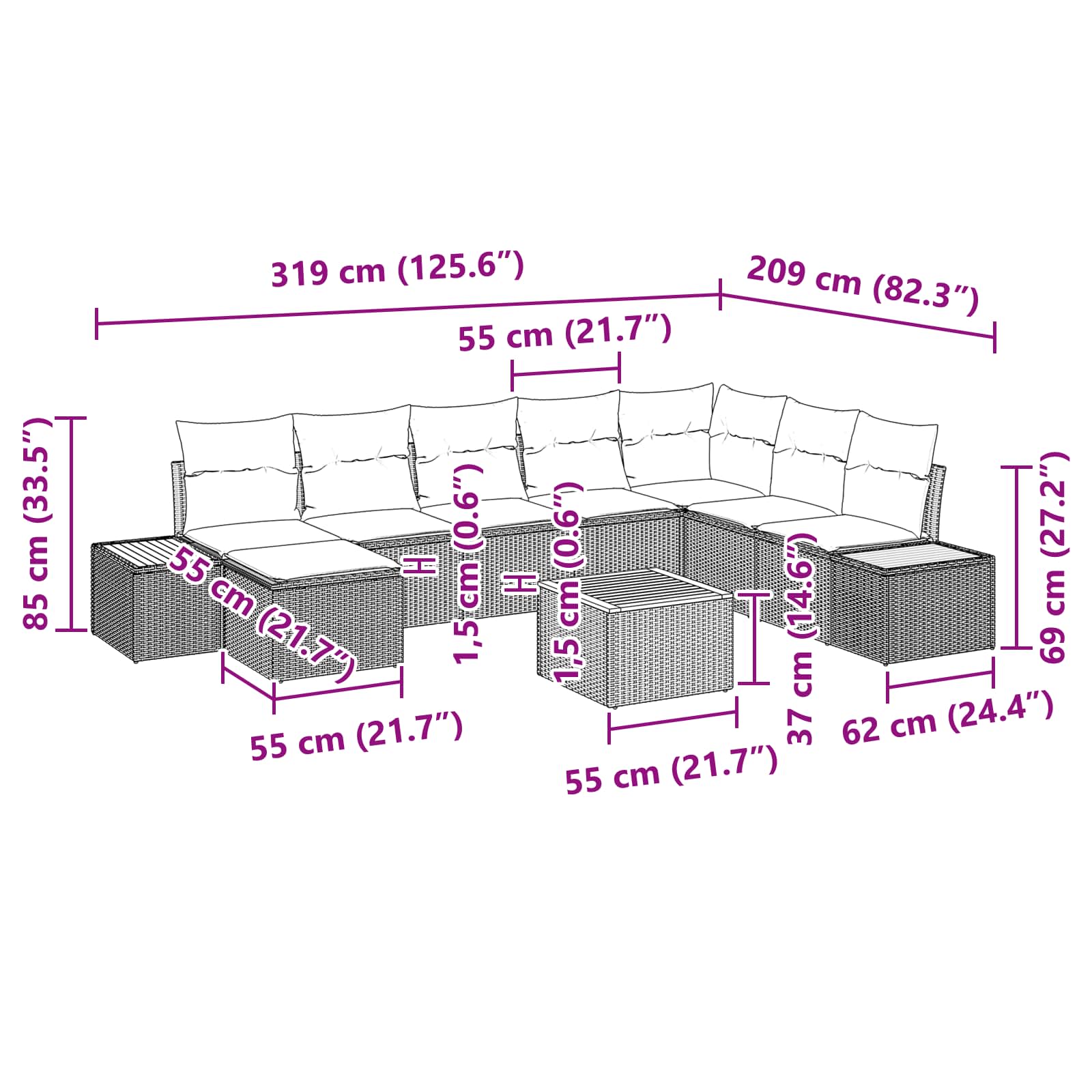 Gartensofa-set mit Kissen mit Speicher 9 pcs Schwarz Polyrattan