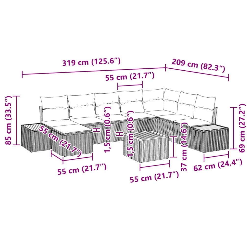 Gartensofa-set mit Kissen mit Speicher 9 pcs Grau Polyrattan