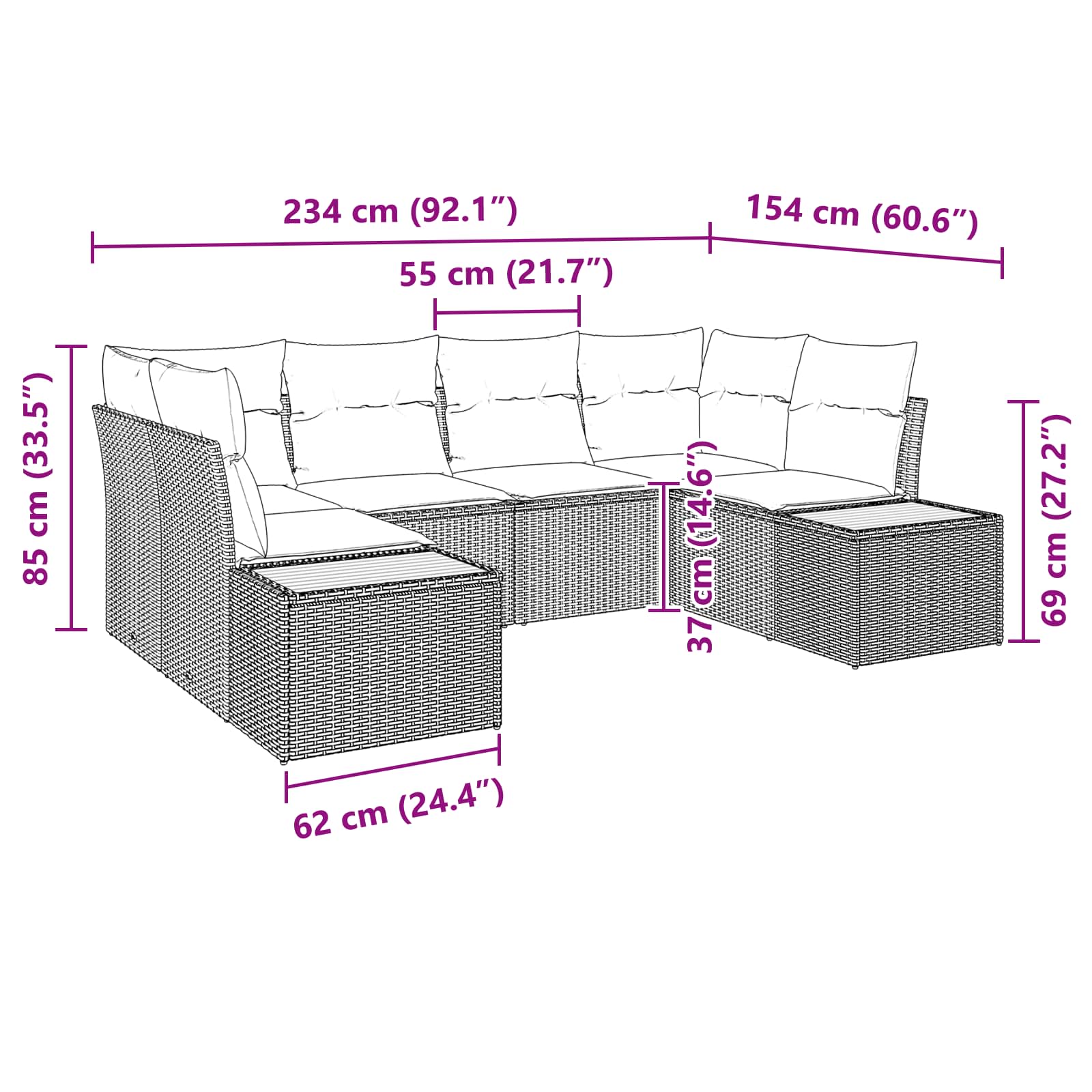 Gartensofa-set mit Kissen mit Speicher 6 pcs Schwarz Polyrattan