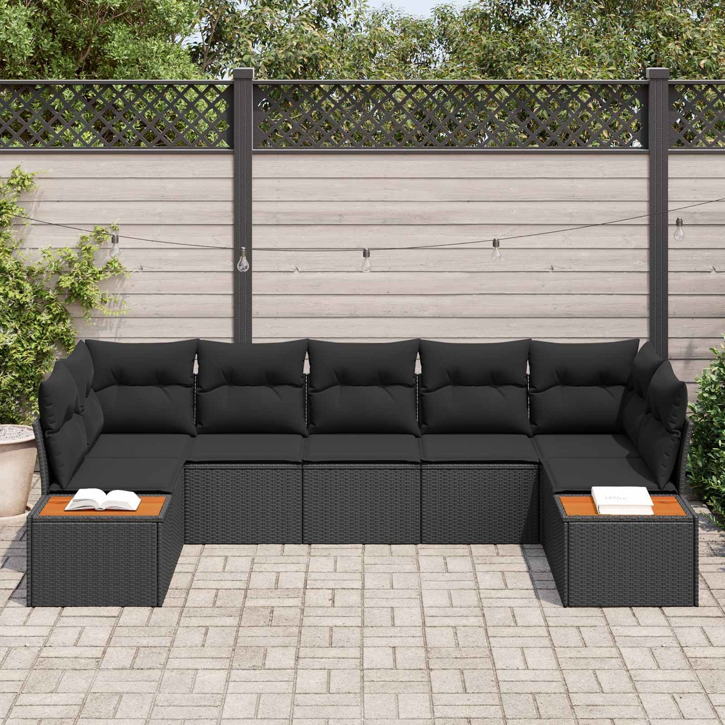Gartensofa-set mit Kissen mit Speicher 7 pcs Schwarz Polyrattan