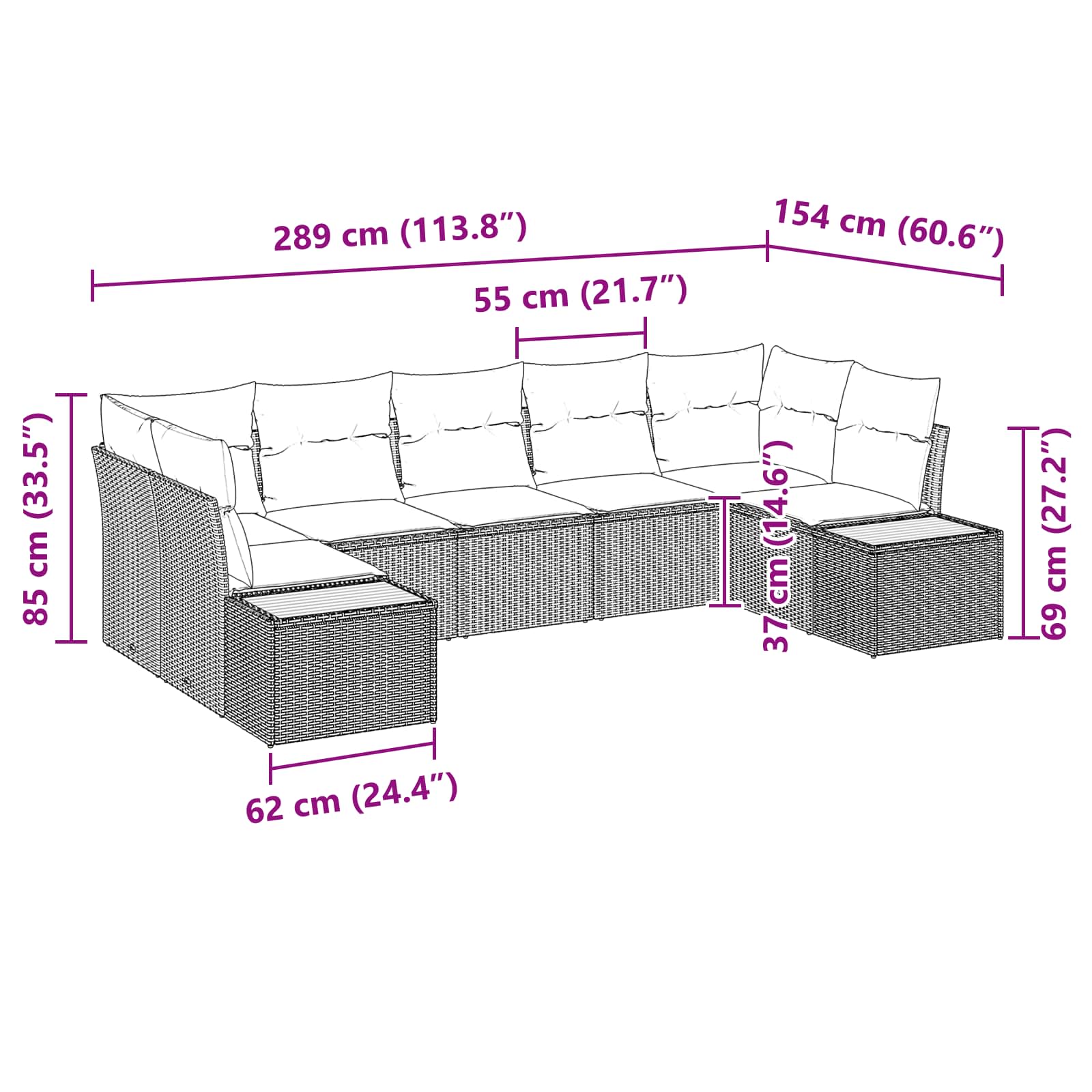 Gartensofa-set mit Kissen mit Speicher 7 pcs Schwarz Polyrattan