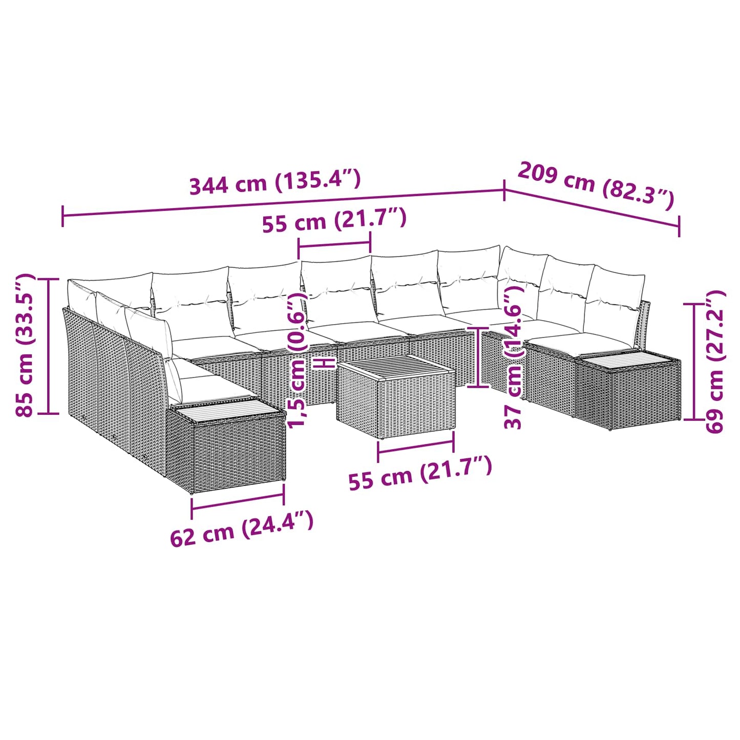 Gartensofa-set mit Kissen 10 pcs Schwarz Polyrattan