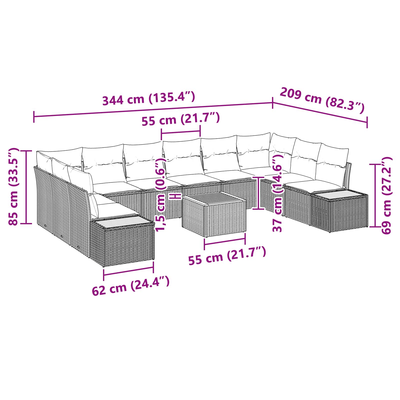 Gartensofa-set mit Kissen 10 pcs Schwarz Polyrattan