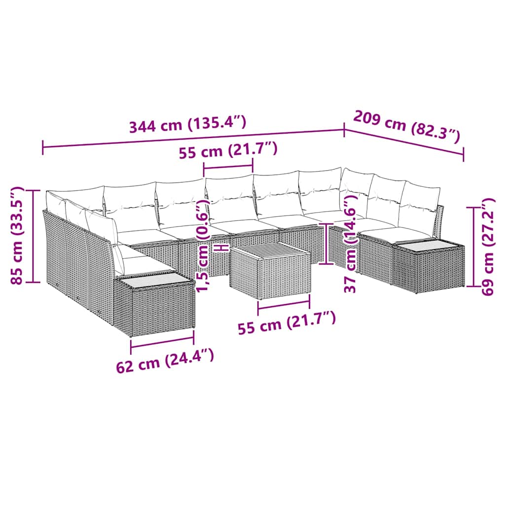 Gartensofa-set mit Kissen 10 pcs Beige und Hellgrau Polyrattan