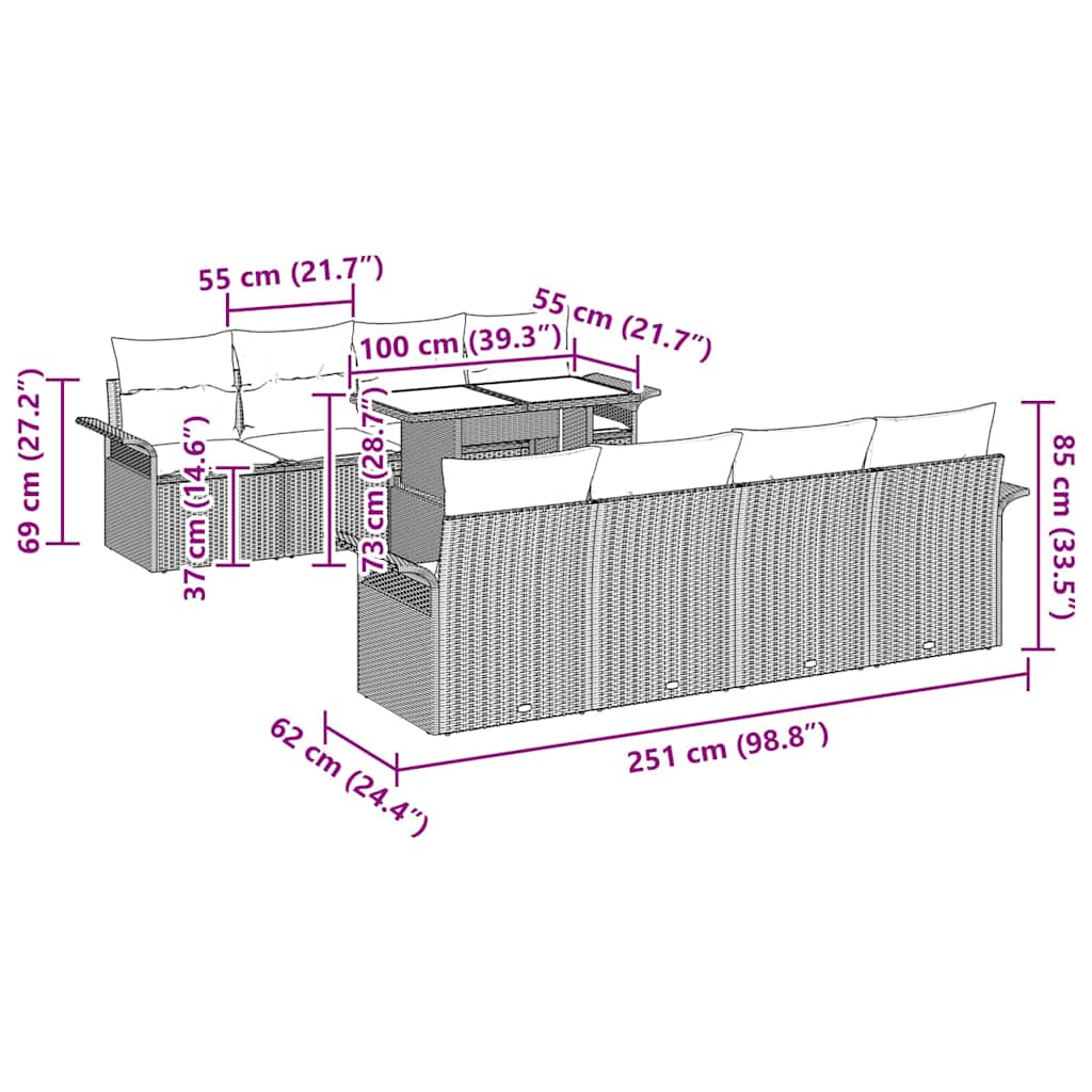 Gartensofa-set 9 stk. Schwarz [Synthetisch]: Poly Rattan
