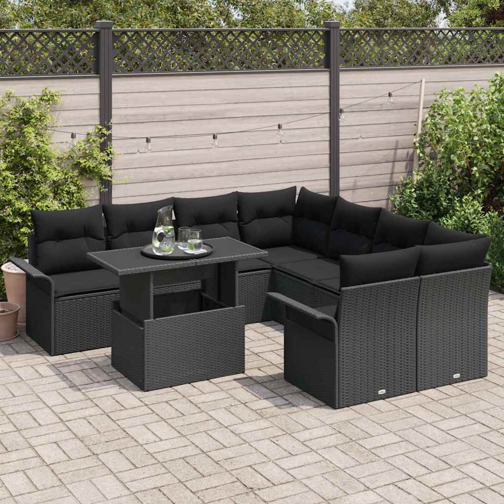 Gartensofa-set mit Kissen 9 pcs Schwarz Poly Rattan