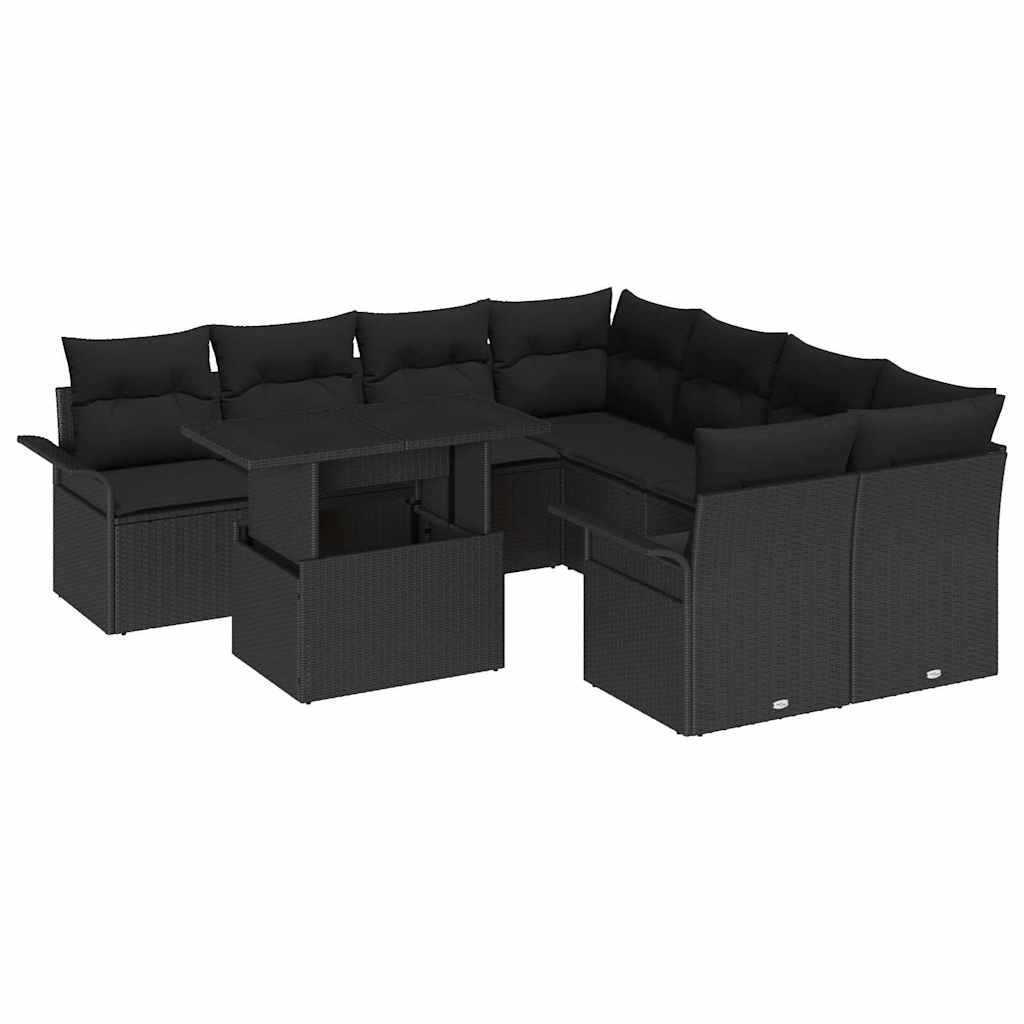Gartensofa-set mit Kissen 9 pcs Schwarz Poly Rattan