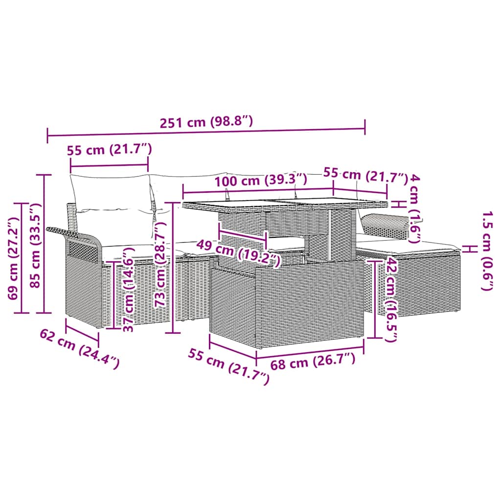 Gartensofa-set 6 stk. Grau [Synthetisch]: Poly Rattan