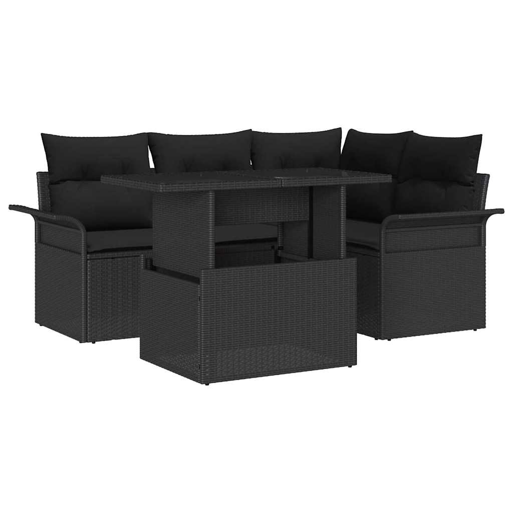 Gartensofa-set mit Kissen 5 pcs Schwarz Poly Rattan