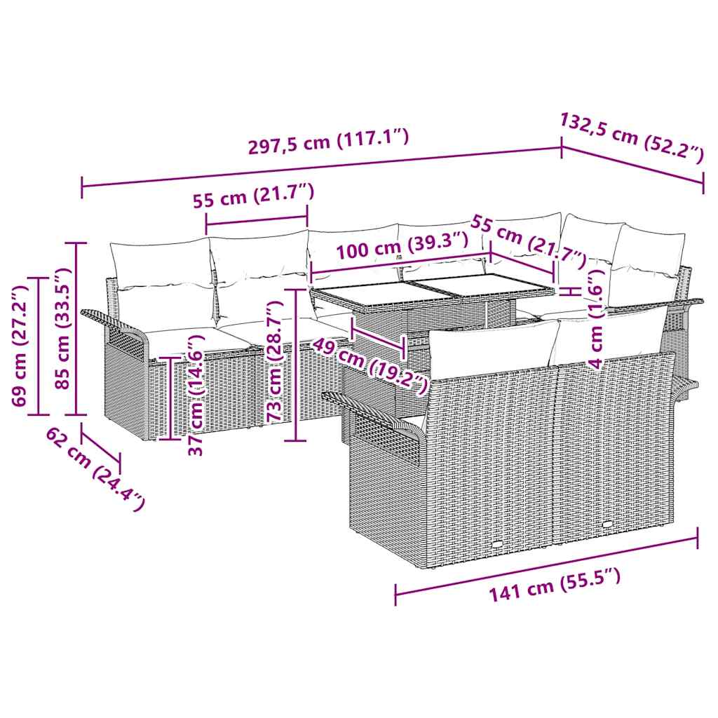 Gartensofa-set 9 stk. Grau [Synthetisch]: Poly Rattan