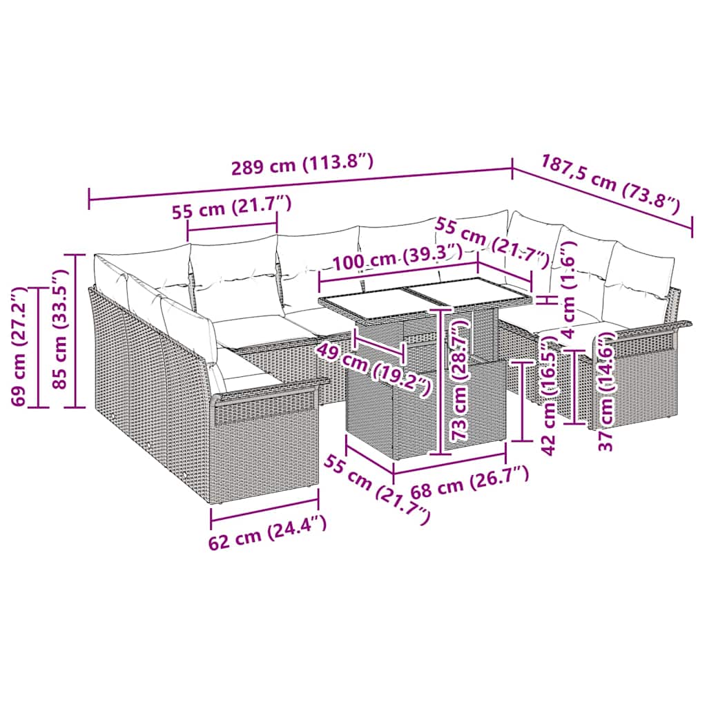 Gartensofa-set 10 stk. Grau Poly Rattan