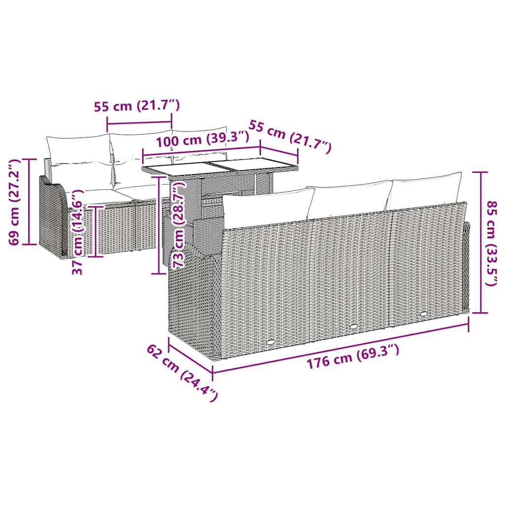 Gartensofa-set 7 Stk. 6-Sitzanzahl Beige Poly Rattan