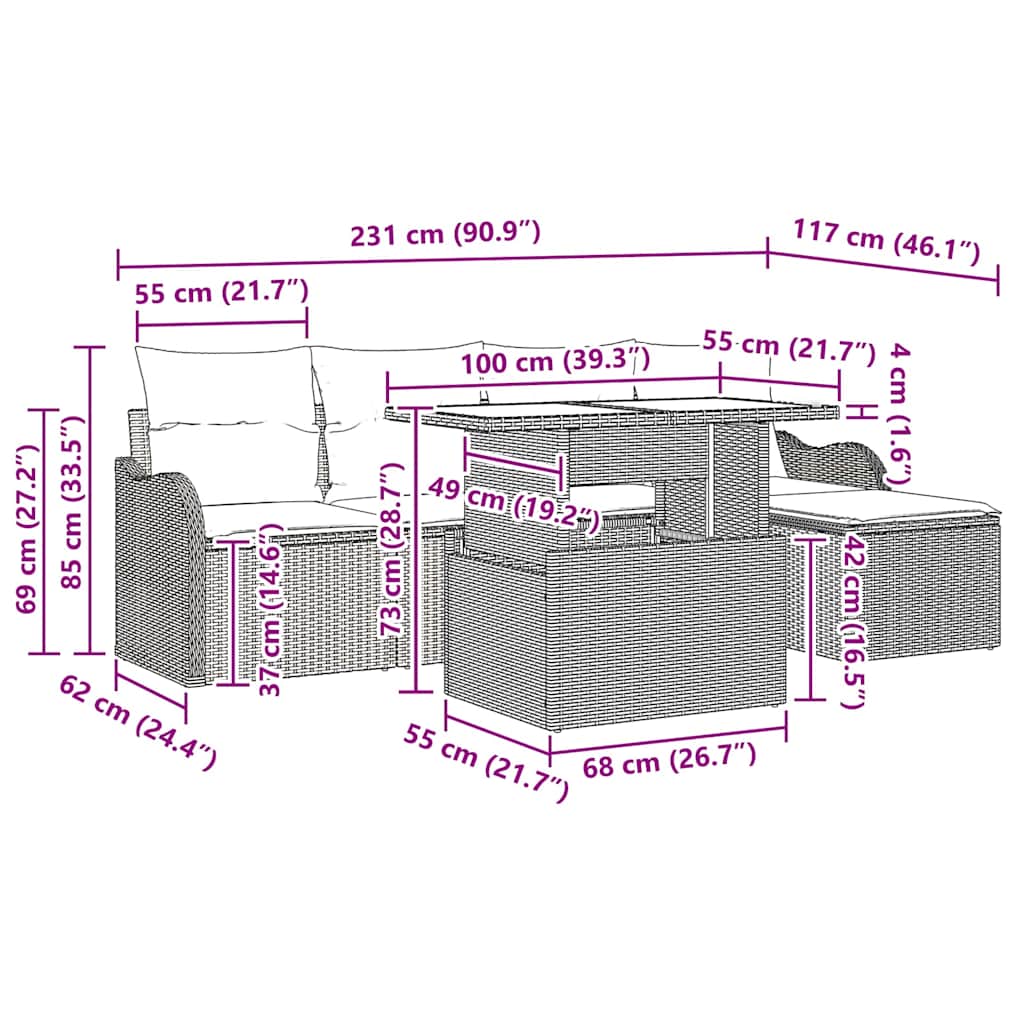 Gartensofa-set 6 stk. Schwarz [Synthetisch]: Polyrattan
