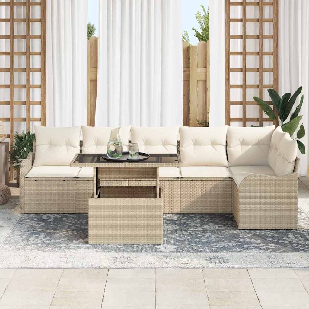 Gartensofa-set 7 stk. Beige Poly Rattan