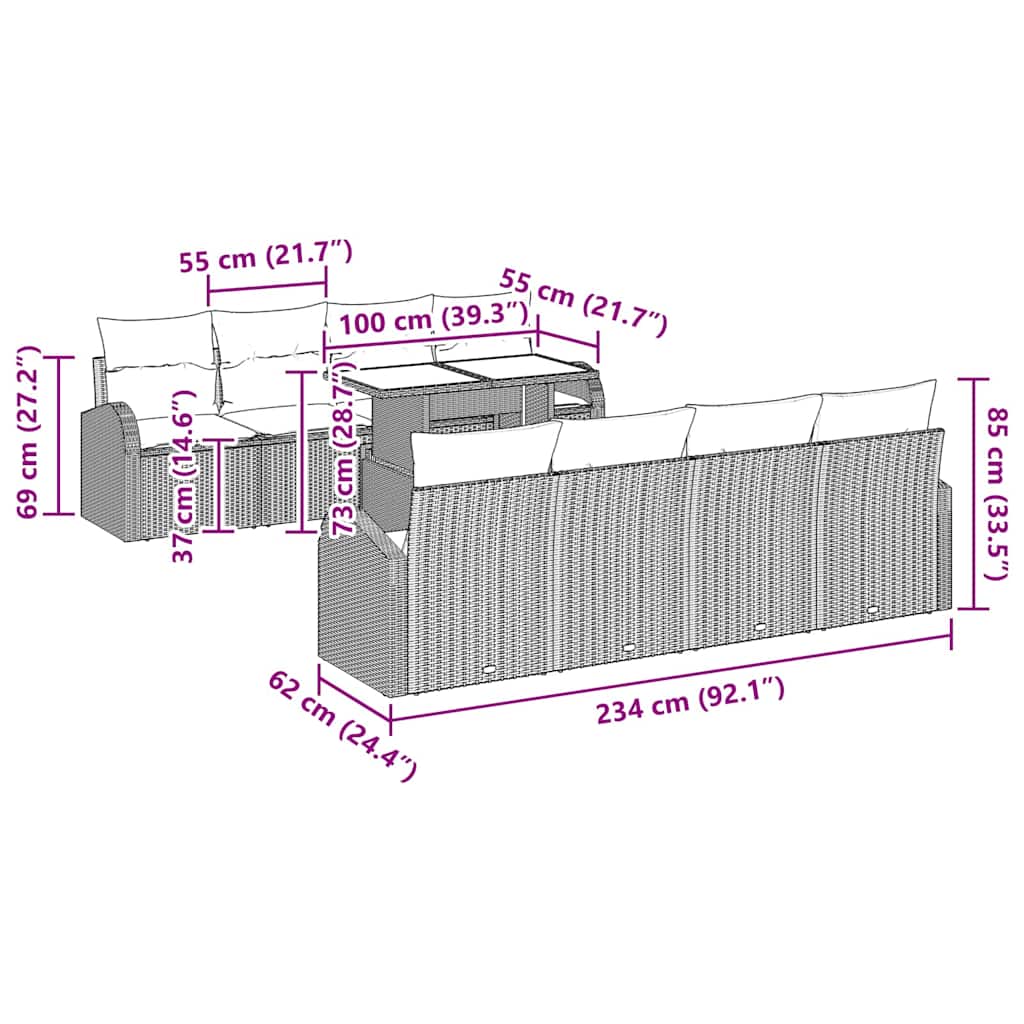 Gartensofa-set 9 stk. Schwarz Poly Rattan