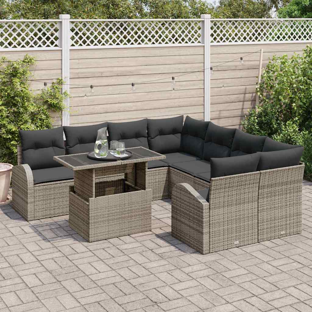 Garten-Sofa-Set 9 stk. Grau Poly Rattan