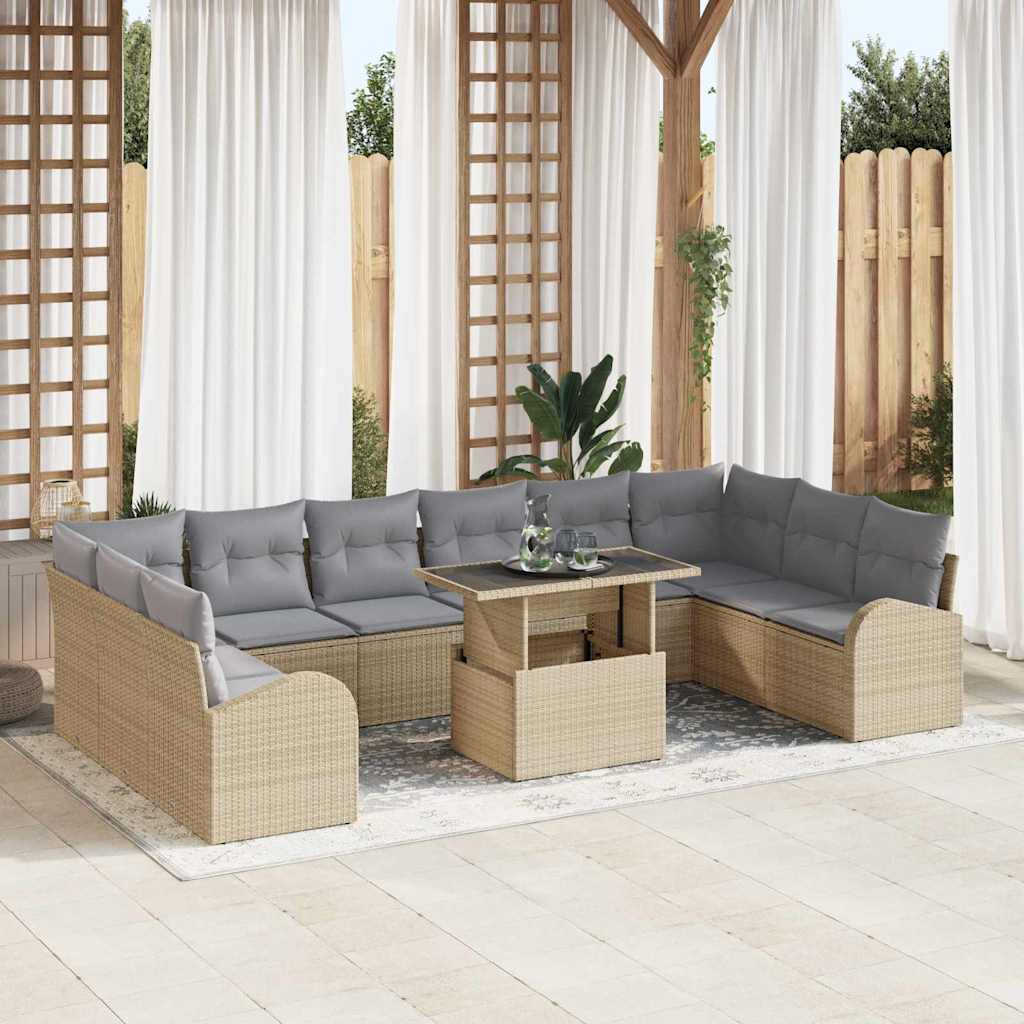 Gartensofa-set mit Kissen mit Speicher 11 pcs Beige Poly Rattan