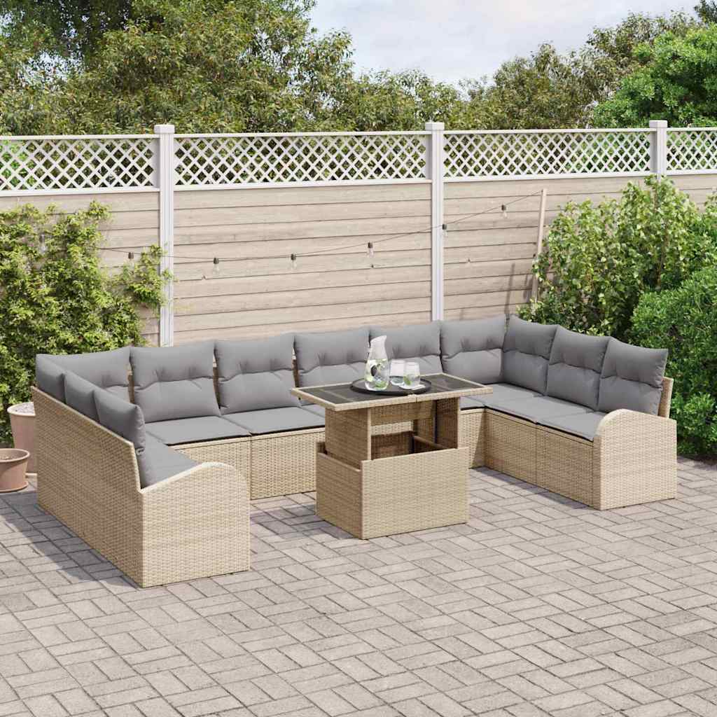 Gartensofa-set mit Kissen mit Speicher 11 pcs Beige Poly Rattan