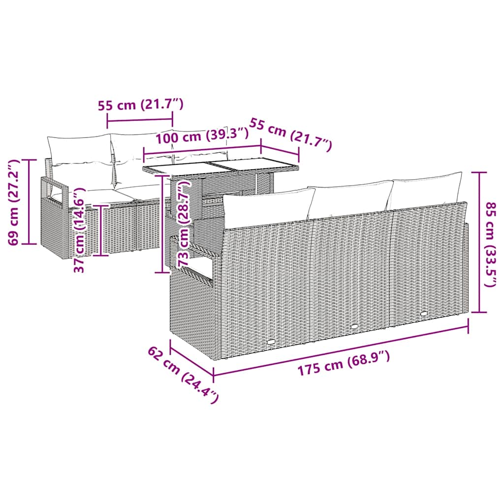 Gartensofa-set 7 stk. Schwarz Poly Rattan