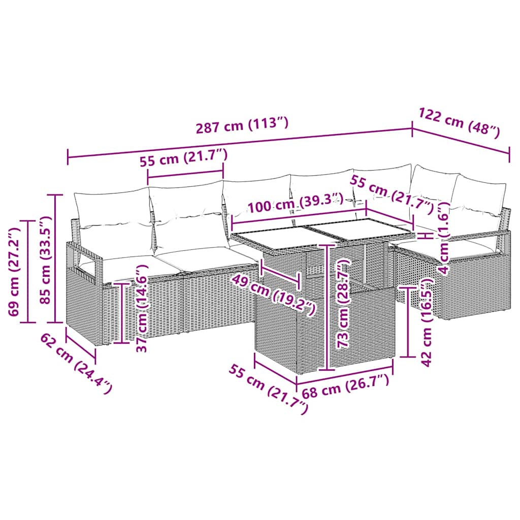 Gartensofa-set mit Kissen 7 pcs Schwarz Poly Rattan