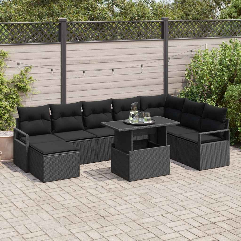 Gartensofa-set 9 stk. Schwarz Poly Rattan
