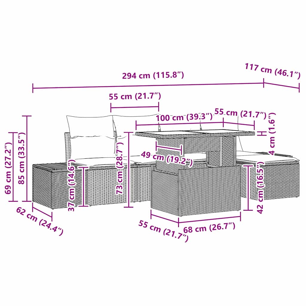 Gartensofa-set 6 stk. Schwarz Poly-Rattan