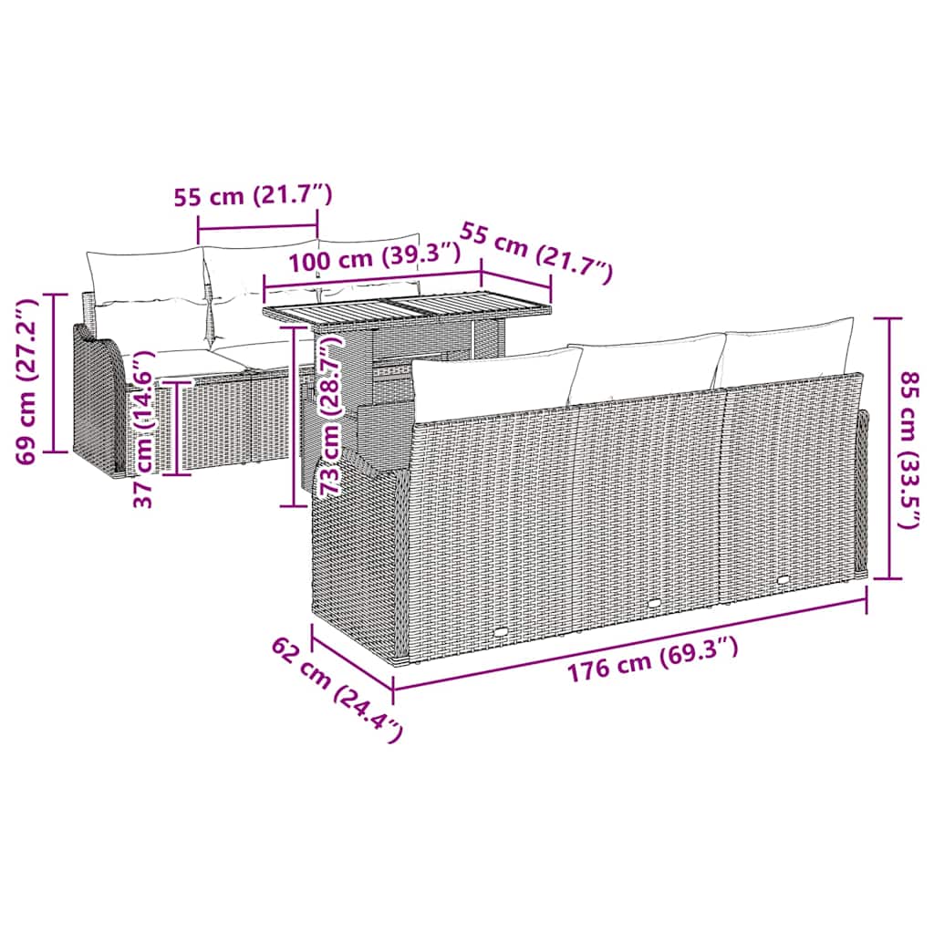 Garten-Sofa-Set 7 stk. Schwarz Poly Rattan