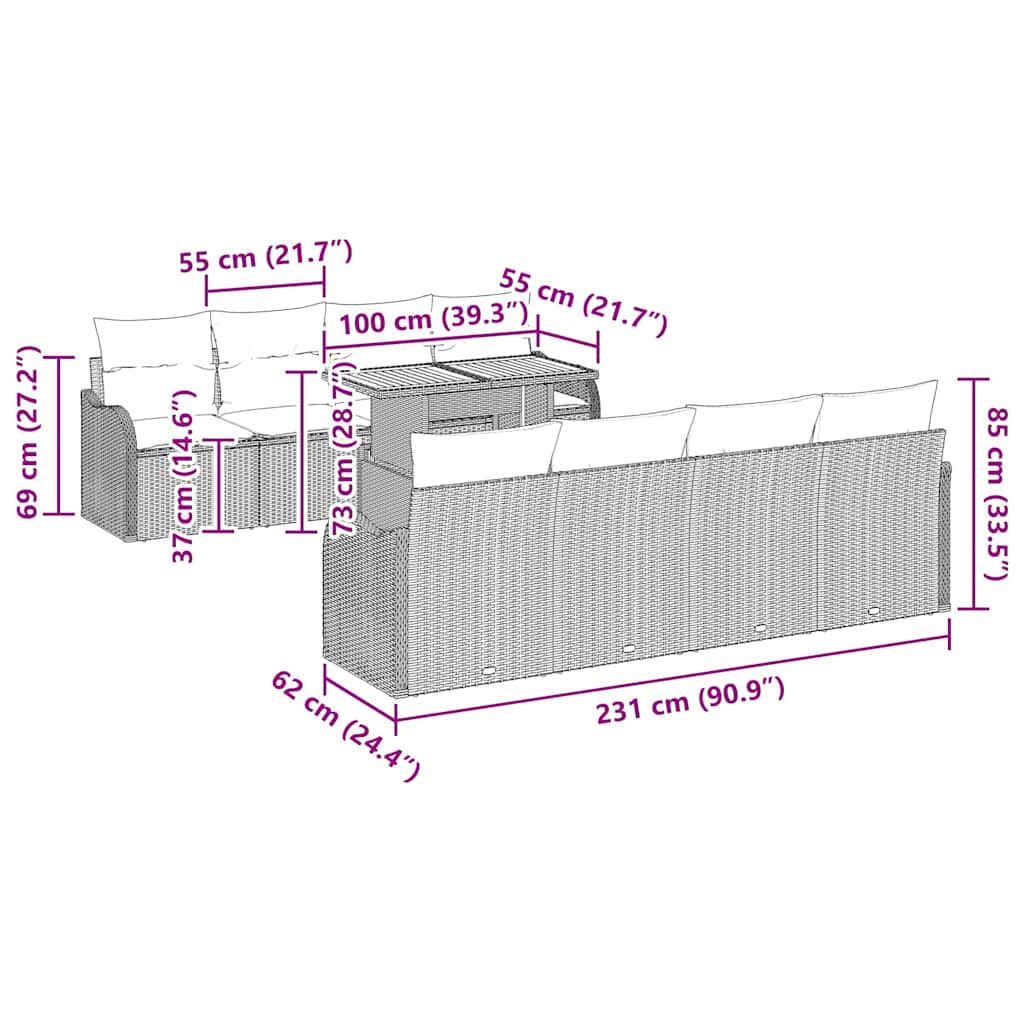 Garten-Sofa-Set mit Speicher 9 pcs Grau Poly Rattan