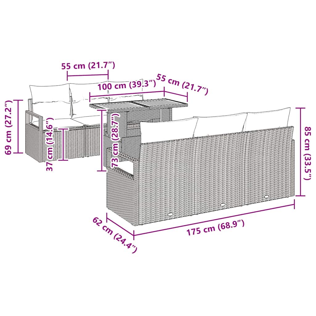 Garten-Sofa-Set 7 Stk. Schwarz Poly Rattan