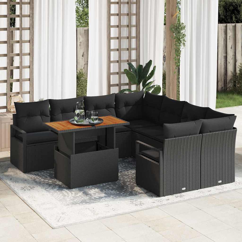 Garten-Sofa-Set 9 stk. Schwarz Poly Rattan