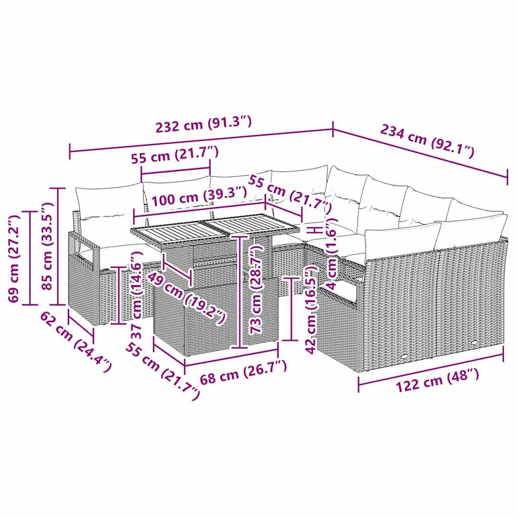 Garten-Sofa-Set 9 stk. Schwarz Poly Rattan